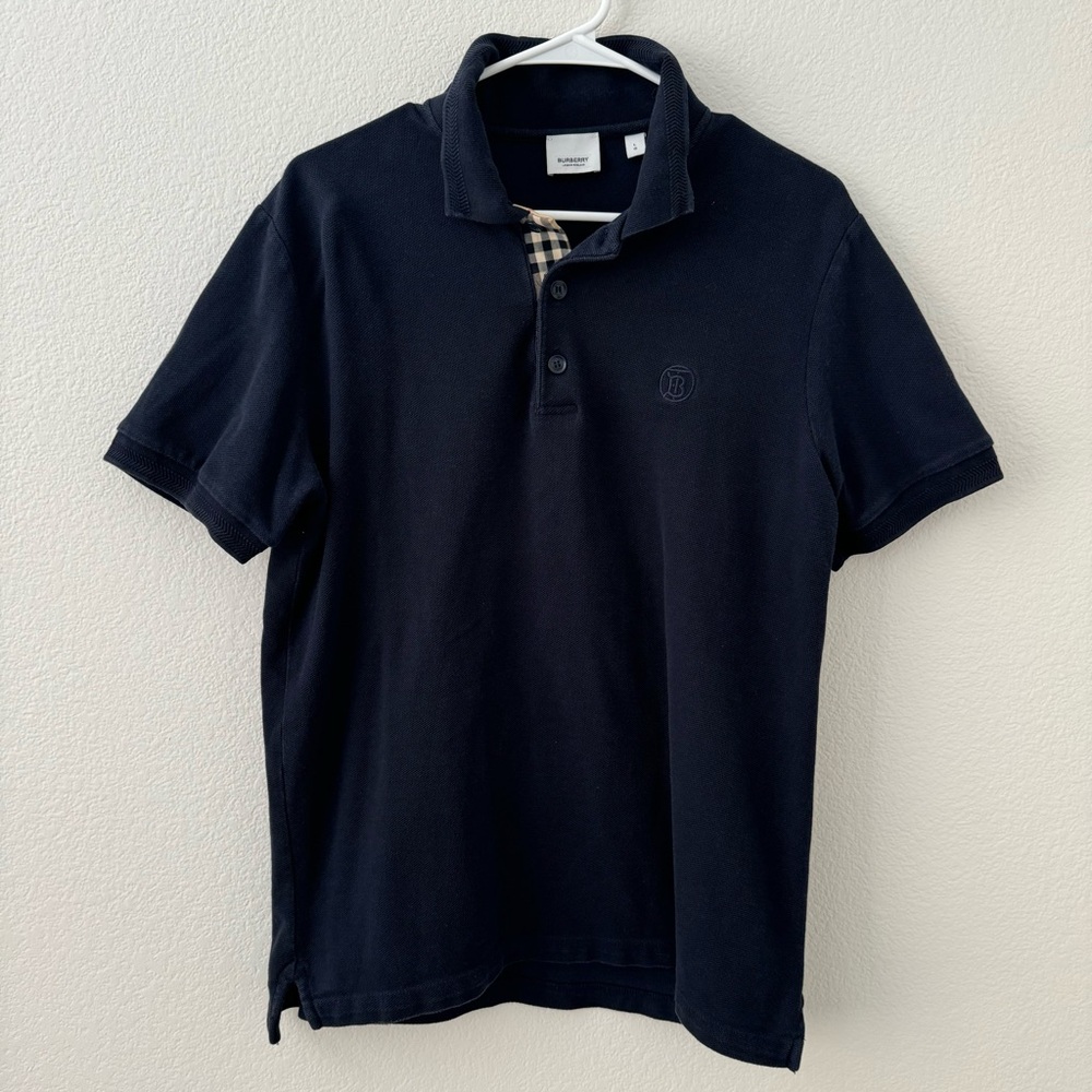 men’s burberry logo navy blue monogram cotton polo short sleeve shirt